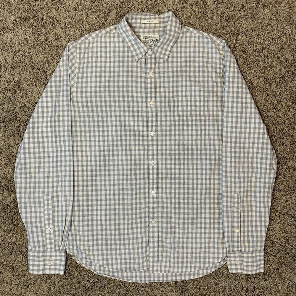 Lucky Brand Shirt Mens Small Gray White Plaid Slim Fit Button Up